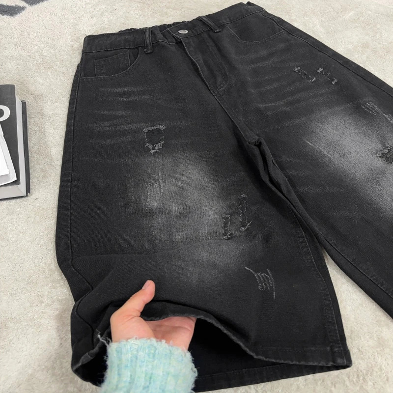 Mens Black Washed Denim Shorts High Street Style Distressed Wide Leg Knee Length Casual Baggy Shorts for Summer Streetwear 260714 - view 4