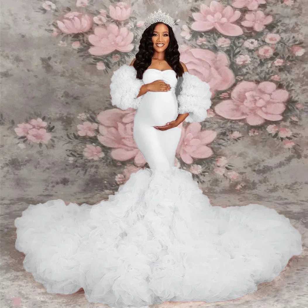 Dresses Stretch Pink Mermaid Maternity Photoshoot Puffy Sleeves baby shower vestidos para em S260709 - view 3