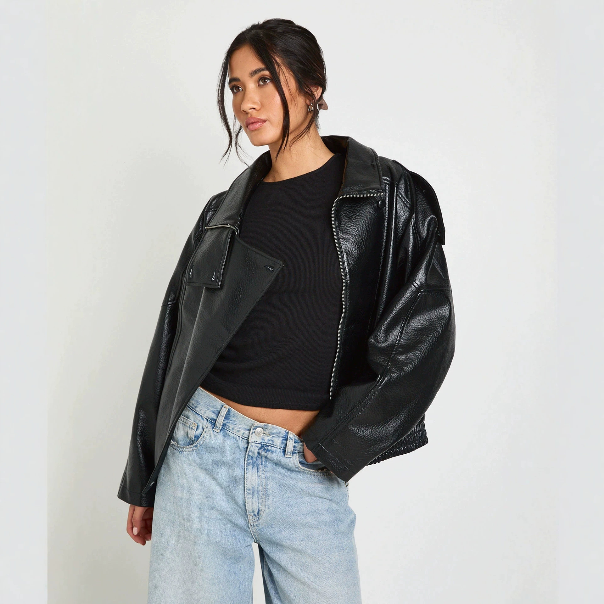 European And American Stand-Up Collar Oversized PU Leather Jacket For Women, Loose Casual Street Style, Versatile Biker Style Short Coat - view 5