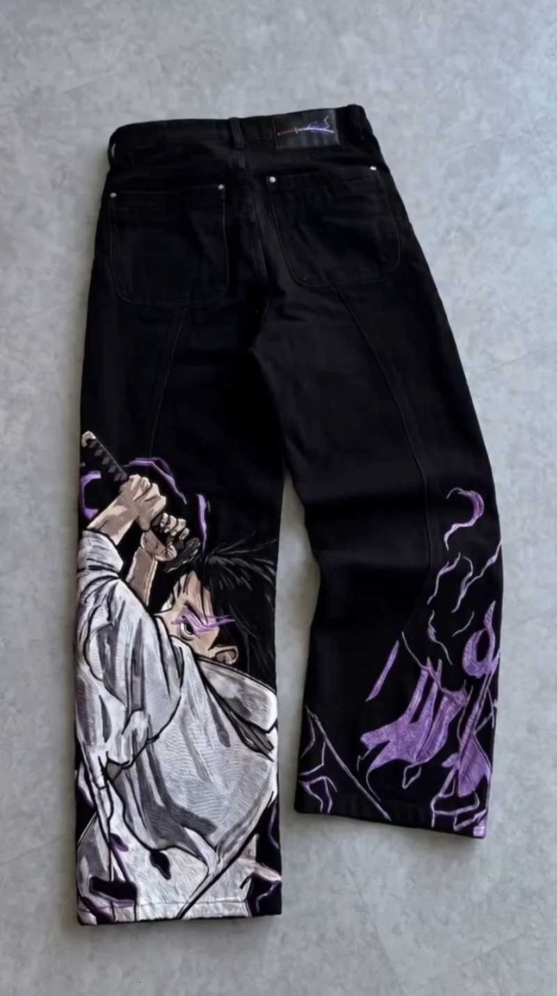 Men Embroidered Jeans Anime Character Y2K Gothic Punk Straight Leg Loose High Waisted Jeans Street Retro Dark Denim Cargo Pants J260709 - view 3
