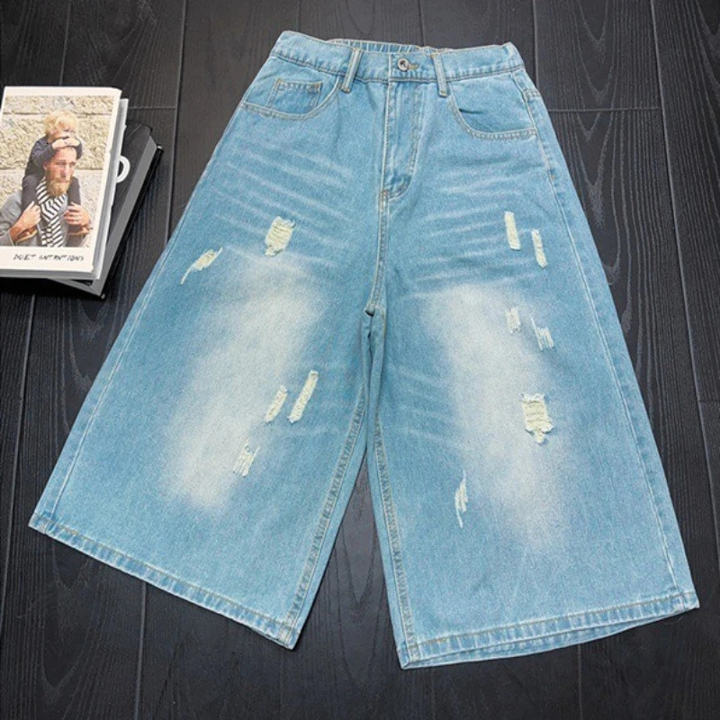 Mens Black Washed Denim Shorts High Street Style Distressed Wide Leg Knee Length Casual Baggy Shorts for Summer Streetwear 260714 - view 6