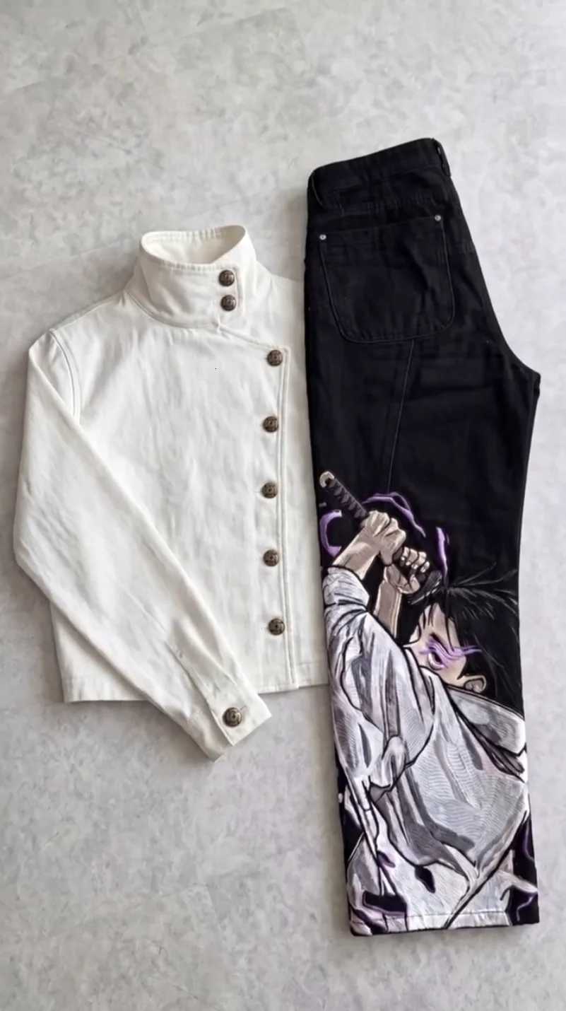 Men Embroidered Jeans Anime Character Y2K Gothic Punk Straight Leg Loose High Waisted Jeans Street Retro Dark Denim Cargo Pants J260709 - view 4