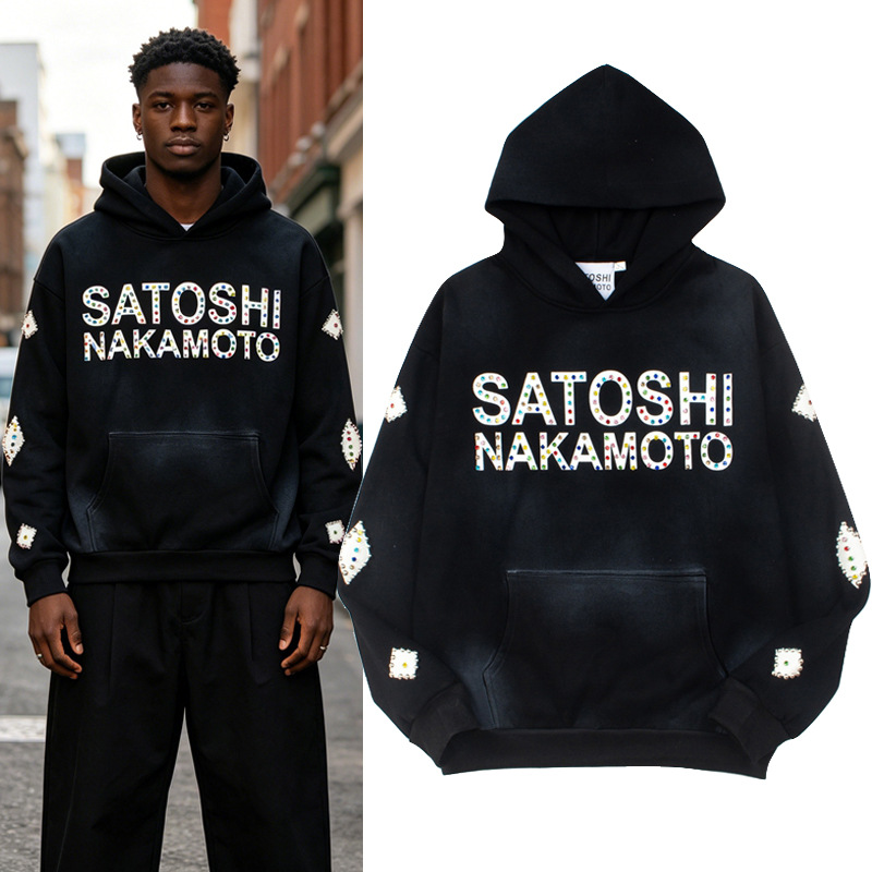 Men's Hoodies SATOSHI Cotton Sweatshirts Hip-hop High Quality Wash Distress Letter Print Zipper Jacket For Mens Clothing - view 5
