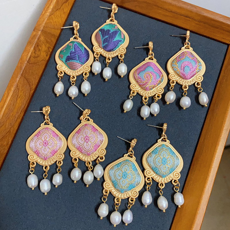 New Chinese style intangible cultural heritage Song brocade dangle earrings handmade colorful designer earrings traditional textile pattern earrings g