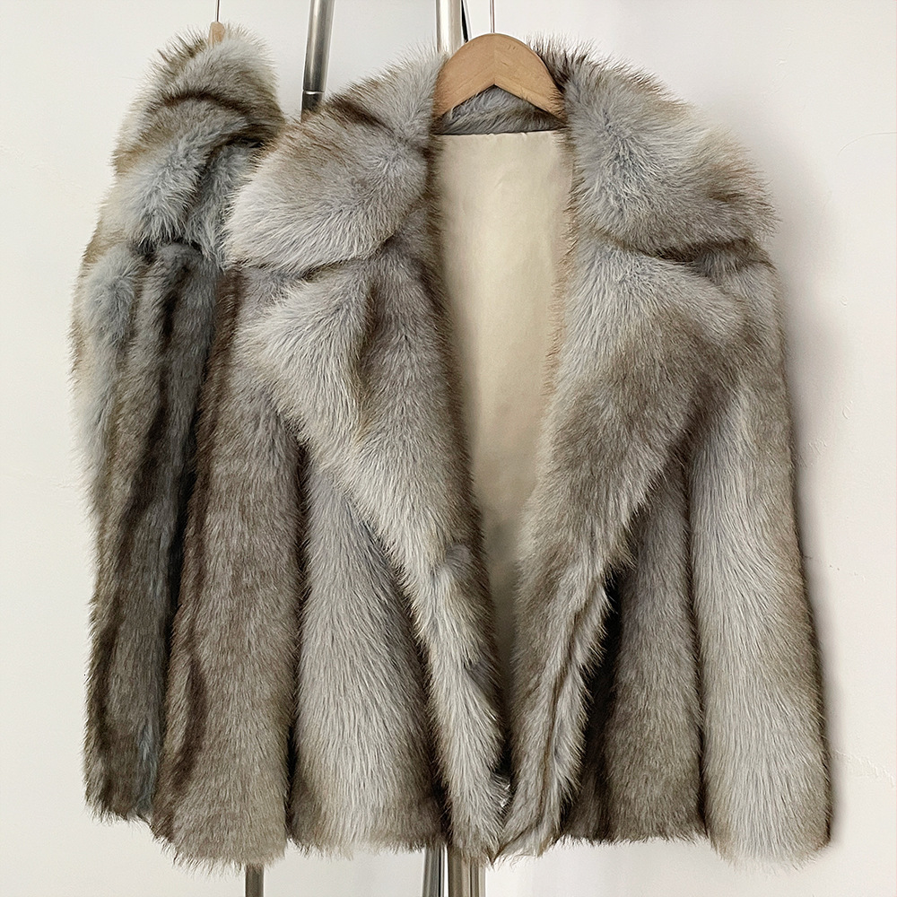 Women's Faux Fur Coat, X-Long Wool-Blend Shearling Jacket with Cashmere Lining - Batwing Sleeves, Double-Breasted Lapel, Grey/Brown Tie-Dye, England S - view 4