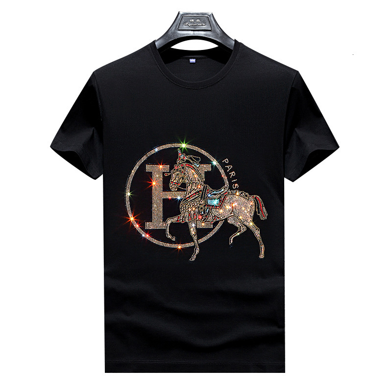 European-Style Heavy Mercerized Cotton Rhinestone Shirt For Men, Summer Fashion Brand, High-End Ice Silk Casual Thin Short-Sleeve European Goods - view 3