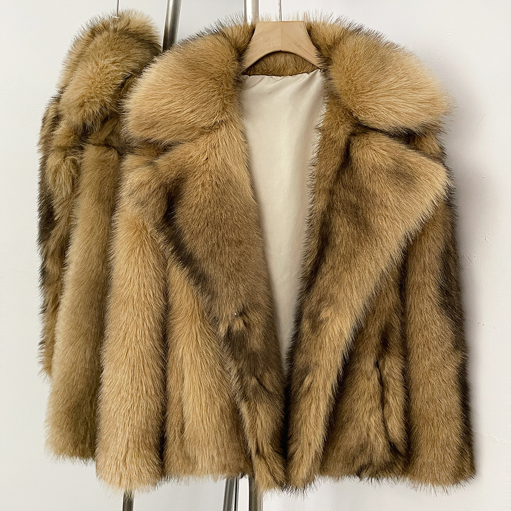 Women's Faux Fur Coat, X-Long Wool-Blend Shearling Jacket with Cashmere Lining - Batwing Sleeves, Double-Breasted Lapel, Grey/Brown Tie-Dye, England S - view 5