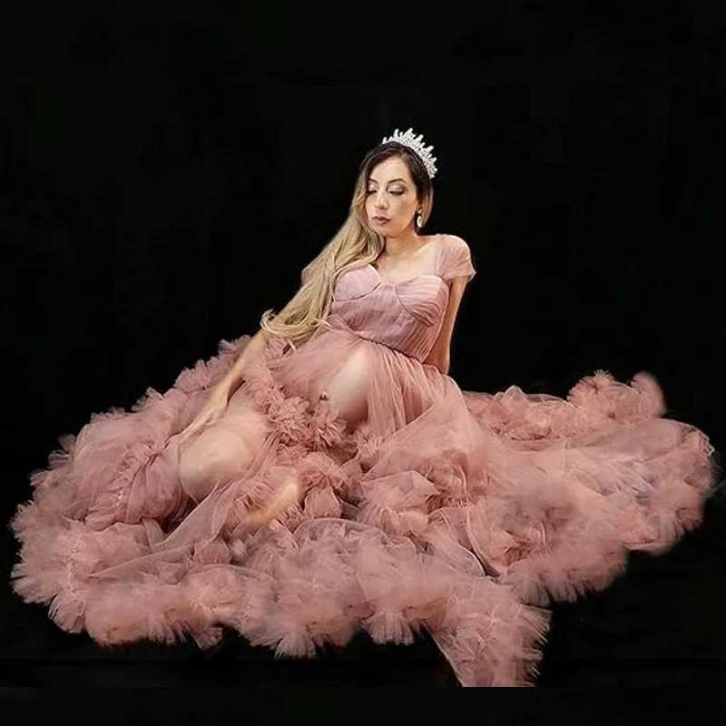 Off Shoulder Tulle Robe Womens Pregnancy Dresses for Maternity Photoshoot Puffy Ruffles Bridal Lingerie Bathgown S260709 - view 7