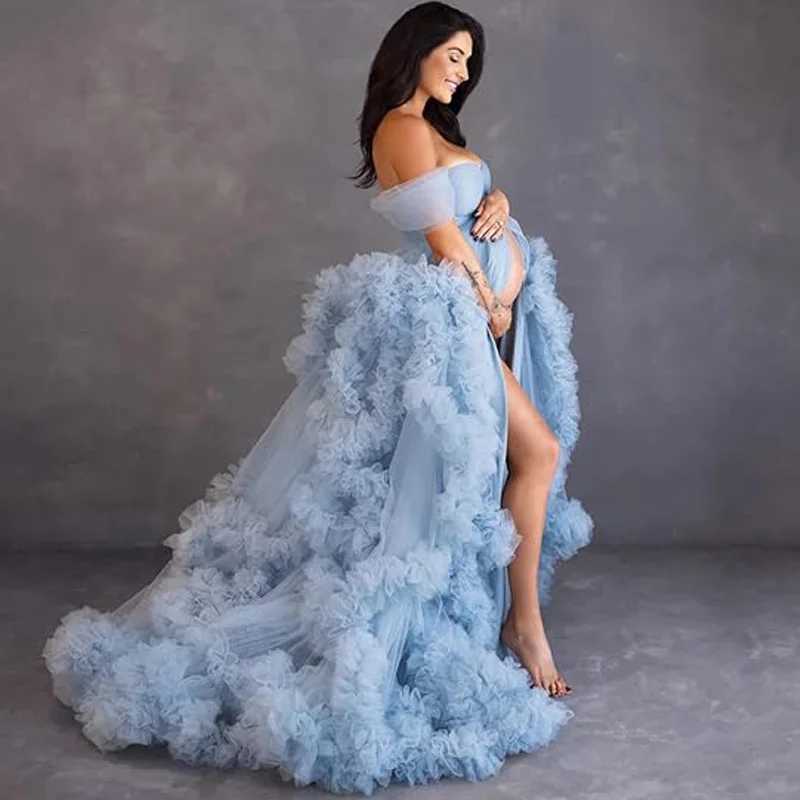 Off Shoulder Tulle Robe Womens Pregnancy Dresses for Maternity Photoshoot Puffy Ruffles Bridal Lingerie Bathgown S260709 - view 6