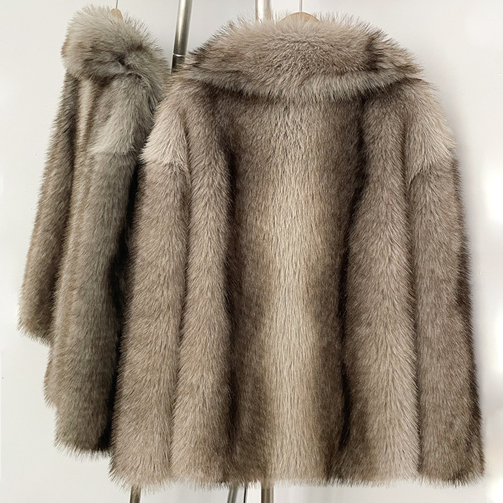 Women's Faux Fur Coat, X-Long Wool-Blend Shearling Jacket with Cashmere Lining - Batwing Sleeves, Double-Breasted Lapel, Grey/Brown Tie-Dye, England S - view 3