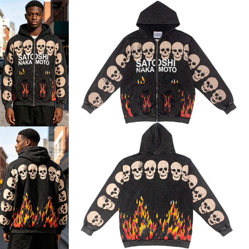 Men's Hoodies SATOSHI Cotton Sweatshirts Hip-hop High Quality Wash Distress Letter Print Zipper Jacket For Mens Clothing - view 3
