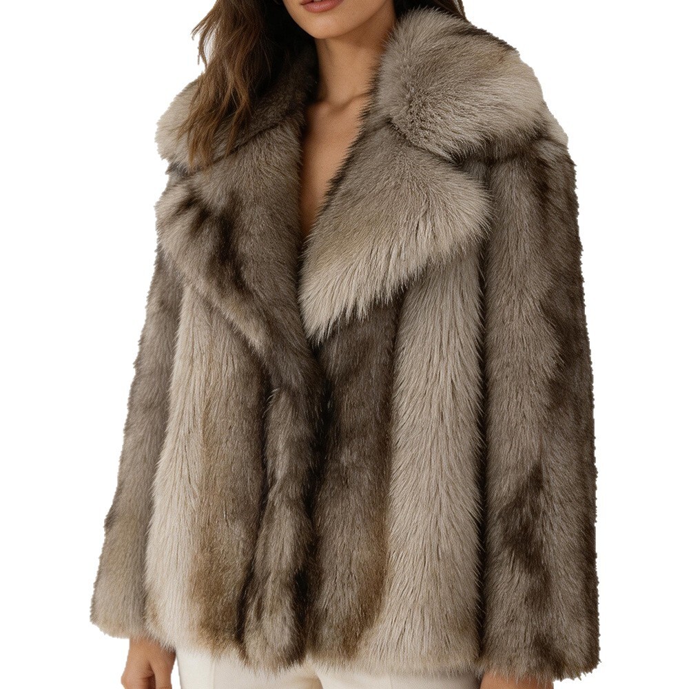 Women's Faux Fur Coat, X-Long Wool-Blend Shearling Jacket with Cashmere Lining - Batwing Sleeves, Double-Breasted Lapel, Grey/Brown Tie-Dye, England S - view 6