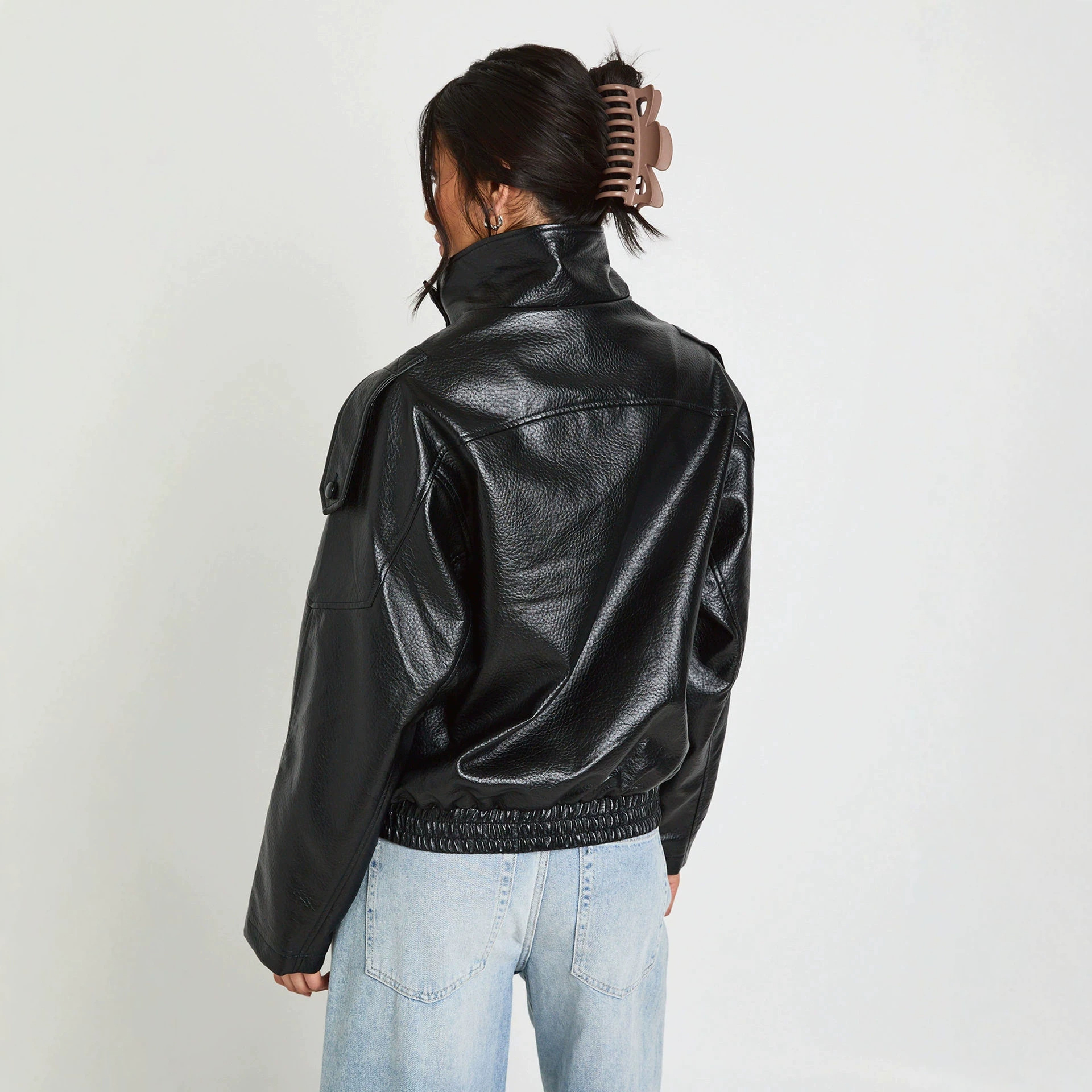 European And American Stand-Up Collar Oversized PU Leather Jacket For Women, Loose Casual Street Style, Versatile Biker Style Short Coat - view 3