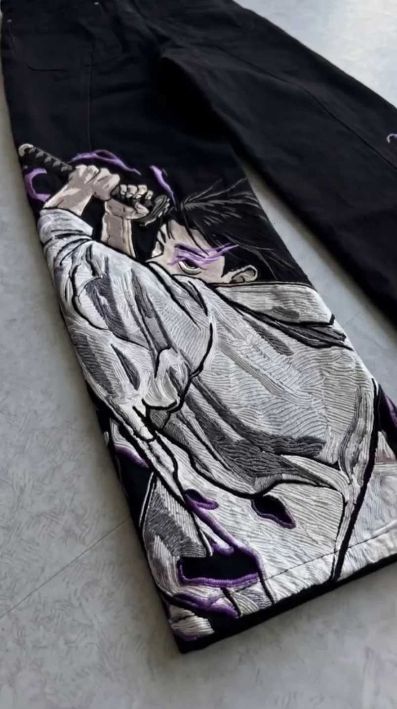 Men Embroidered Jeans Anime Character Y2K Gothic Punk Straight Leg Loose High Waisted Jeans Street Retro Dark Denim Cargo Pants J260709 - view 5