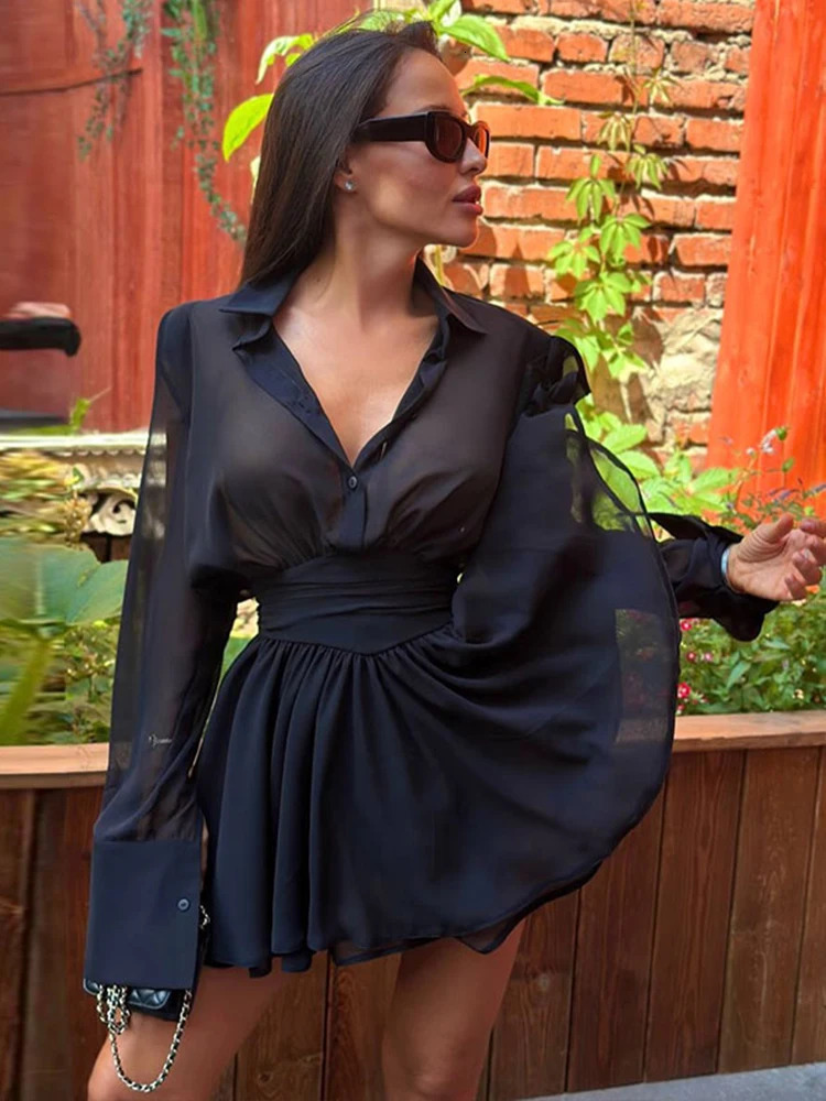 Sheer Womens Dress Lapel Long Sleeve Mini Dress Ruffle Hem Waist Cinching Mini Dress Sexy Fashion Wear Daily Wear 2026 Style 260714 - view 3