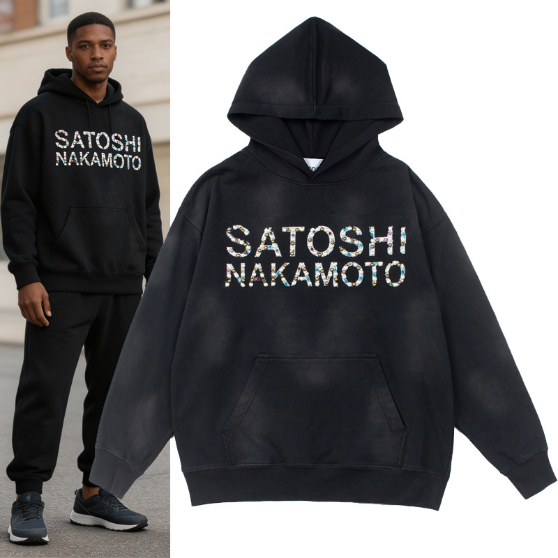 Men's Hoodies SATOSHI Cotton Sweatshirts Hip-hop High Quality Wash Distress Letter Print Zipper Jacket For Mens Clothing - view 4