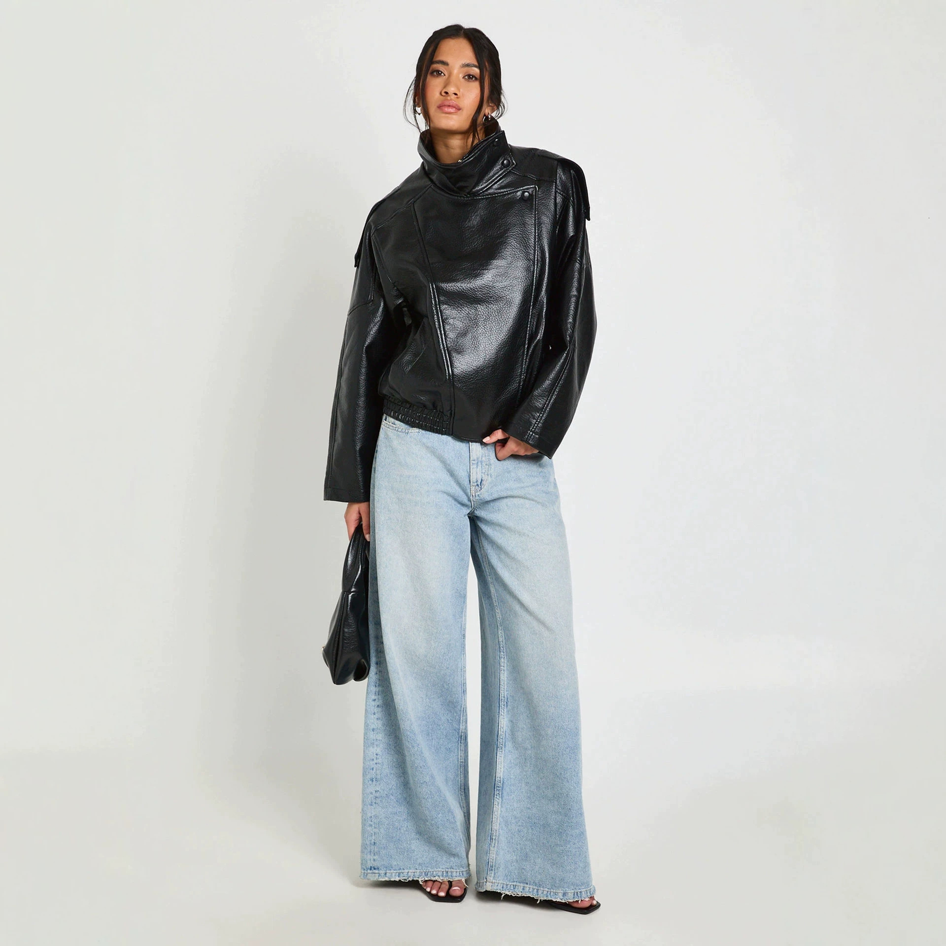 European And American Stand-Up Collar Oversized PU Leather Jacket For Women, Loose Casual Street Style, Versatile Biker Style Short Coat - view 4