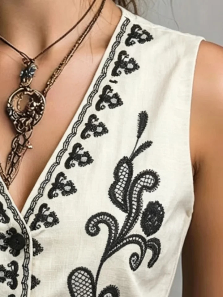 Womens Linen Waistcoat Vest for Spring Summer Autumn Exquisite Positioning Embroidery n Elegant Fitted Waist Sleevel 260711banjia