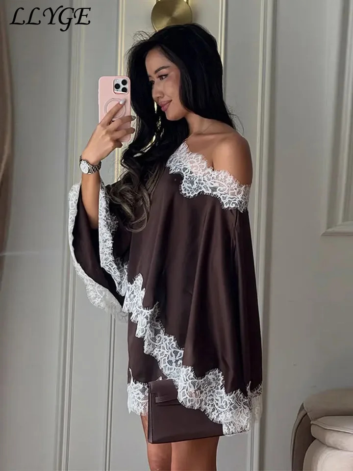 Elegant Satin Lace Womens Skirt Set Asymmetric Off Shoulder Full Sleeve Top Hip Package Mini Skirts 2026 Summer Lady Party Suit 260711 - view 3
