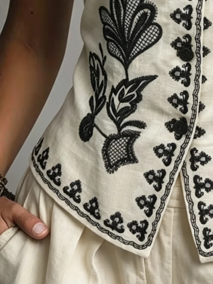 Womens Linen Waistcoat Vest for Spring Summer Autumn Exquisite Positioning Embroidery n Elegant Fitted Waist Sleevel 260711banjia