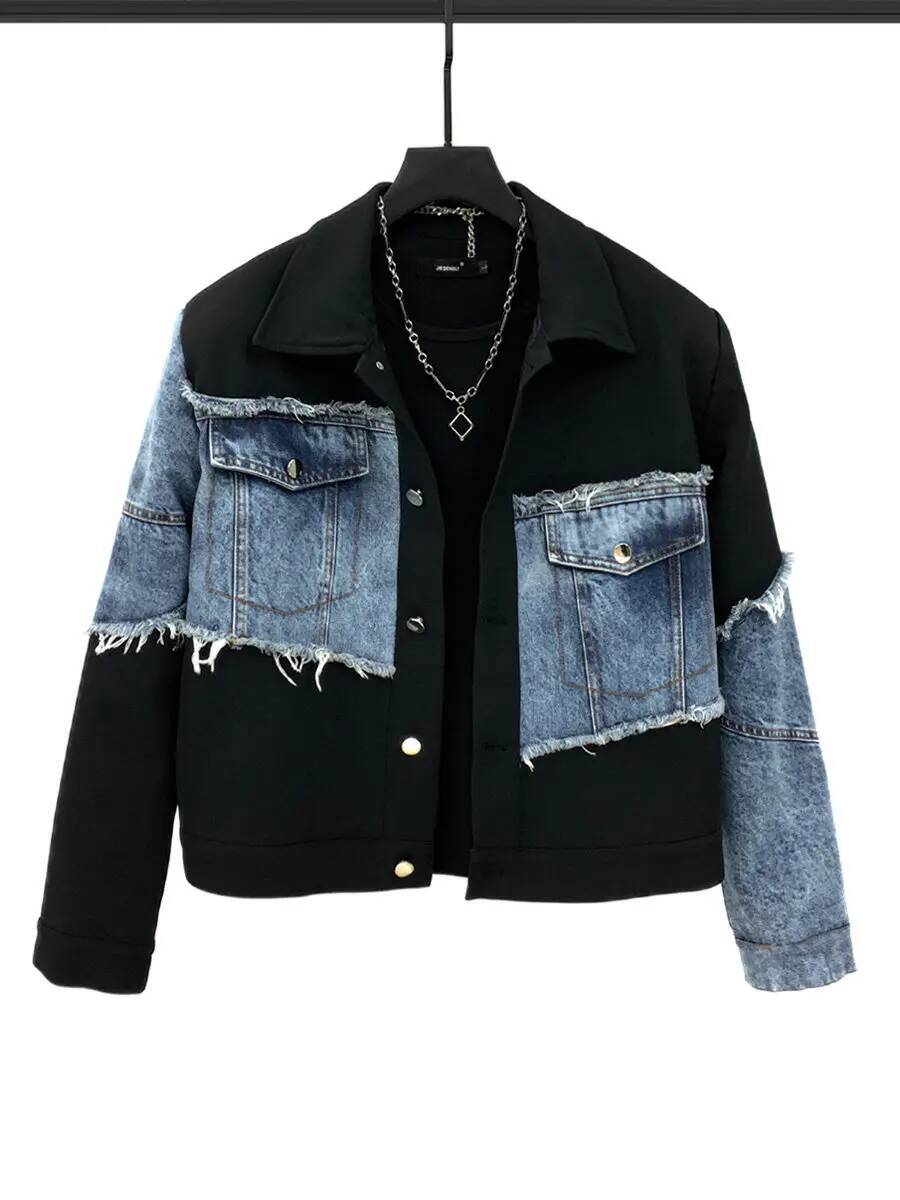 2026 Spring New Highstreet Stylish Men's Outerwear Denim Patchwork Short Jacket Loose Straight Long Pants Two-Piece Sets - view 3