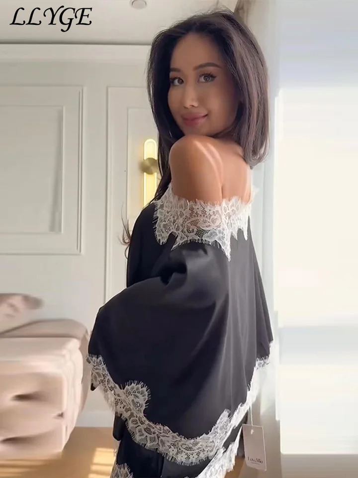 Elegant Satin Lace Womens Skirt Set Asymmetric Off Shoulder Full Sleeve Top Hip Package Mini Skirts 2026 Summer Lady Party Suit 260711 - view 7
