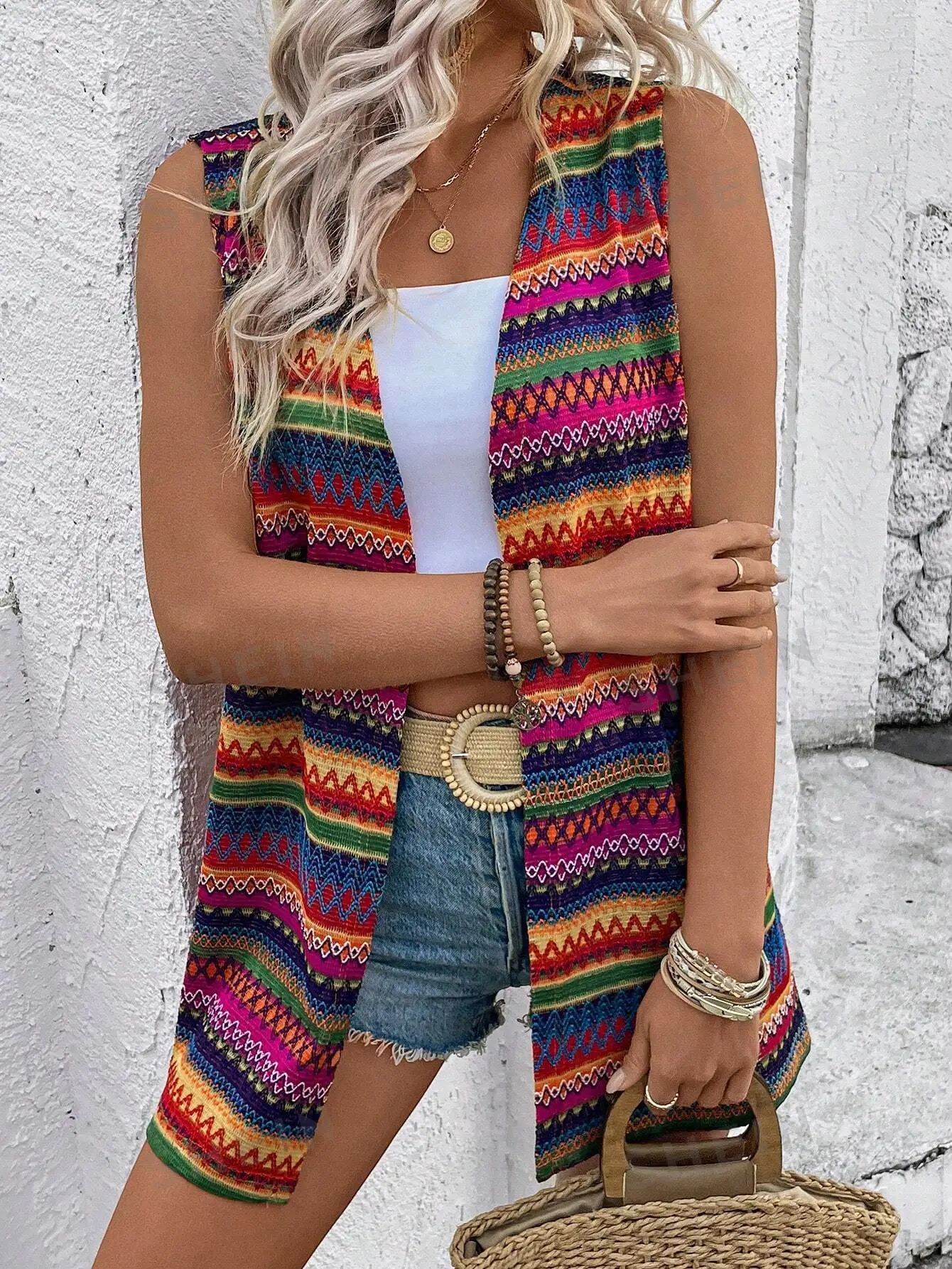 Womens Boho Colorful Geometric Jacquard Sleeveless Vest Open Front MidLong Cardigan for Beach Vacation Casual Bohemian 260711banjia