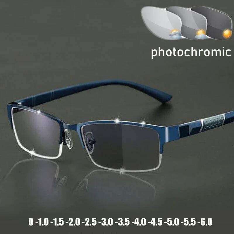 Business Men's Photochromic Myopia Glasses Unisex Half Frame Square Near Sight Eyeglasses Optical Prescription Minus Eyewear ddmynov