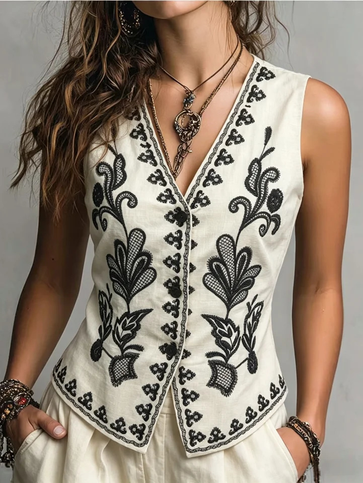 Womens Linen Waistcoat Vest for Spring Summer Autumn Exquisite Positioning Embroidery n Elegant Fitted Waist Sleevel 260711banjia