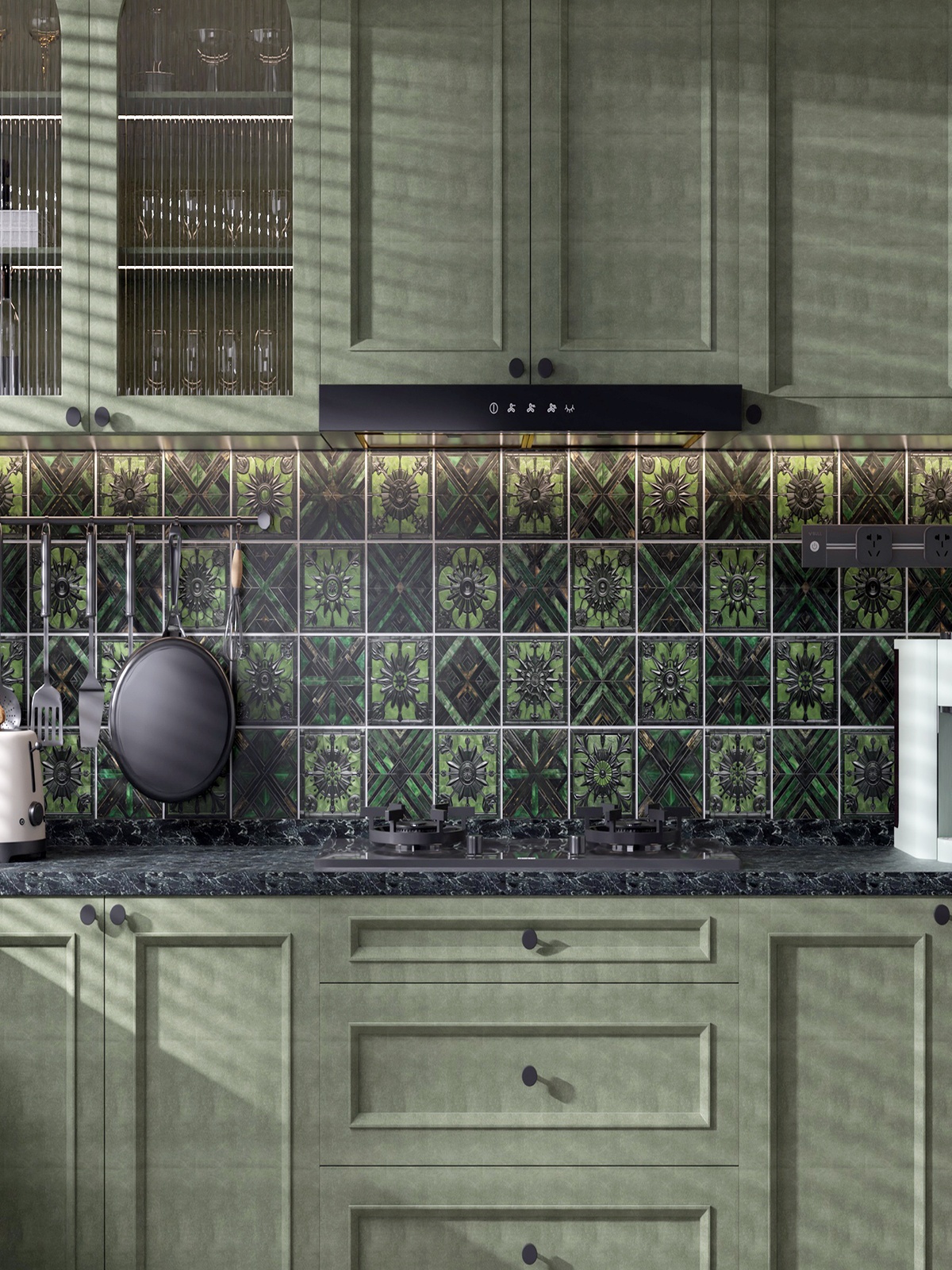 15cm Dark Green Embossed Floral Tile Stickers, Matte Waterproof Removable Self Adhesive Wall Decals for Bathroom Cabinet Kitchen Backsplash - view 5