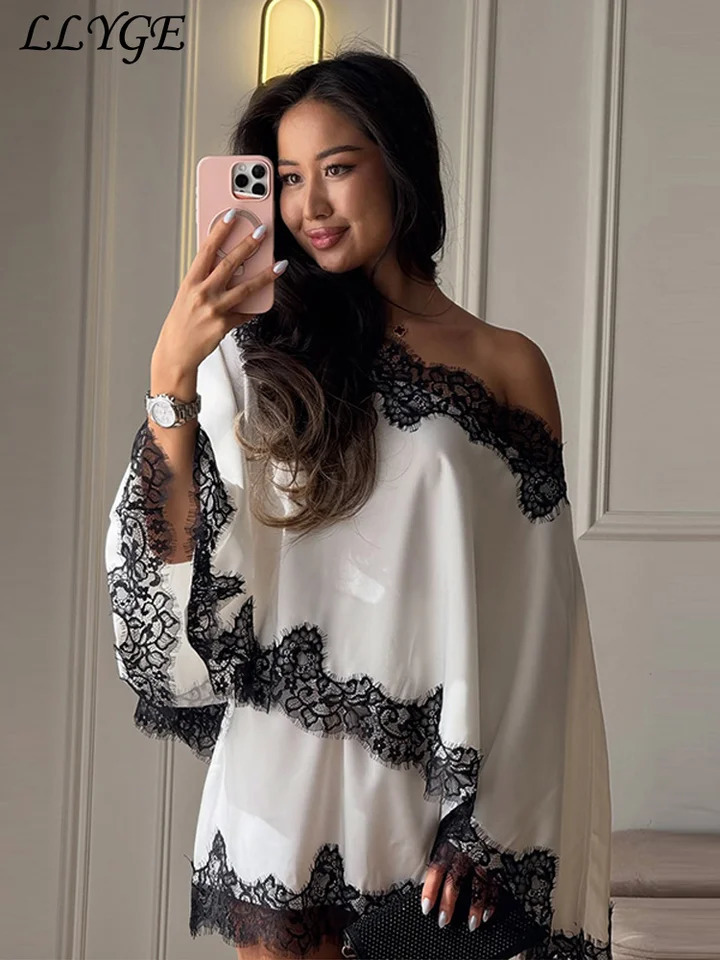 Elegant Satin Lace Womens Skirt Set Asymmetric Off Shoulder Full Sleeve Top Hip Package Mini Skirts 2026 Summer Lady Party Suit 260711 - view 4