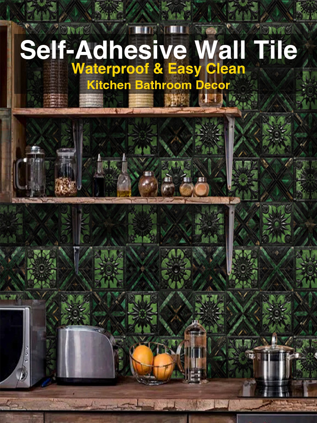 15cm Dark Green Embossed Floral Tile Stickers, Matte Waterproof Removable Self Adhesive Wall Decals for Bathroom Cabinet Kitchen Backsplash