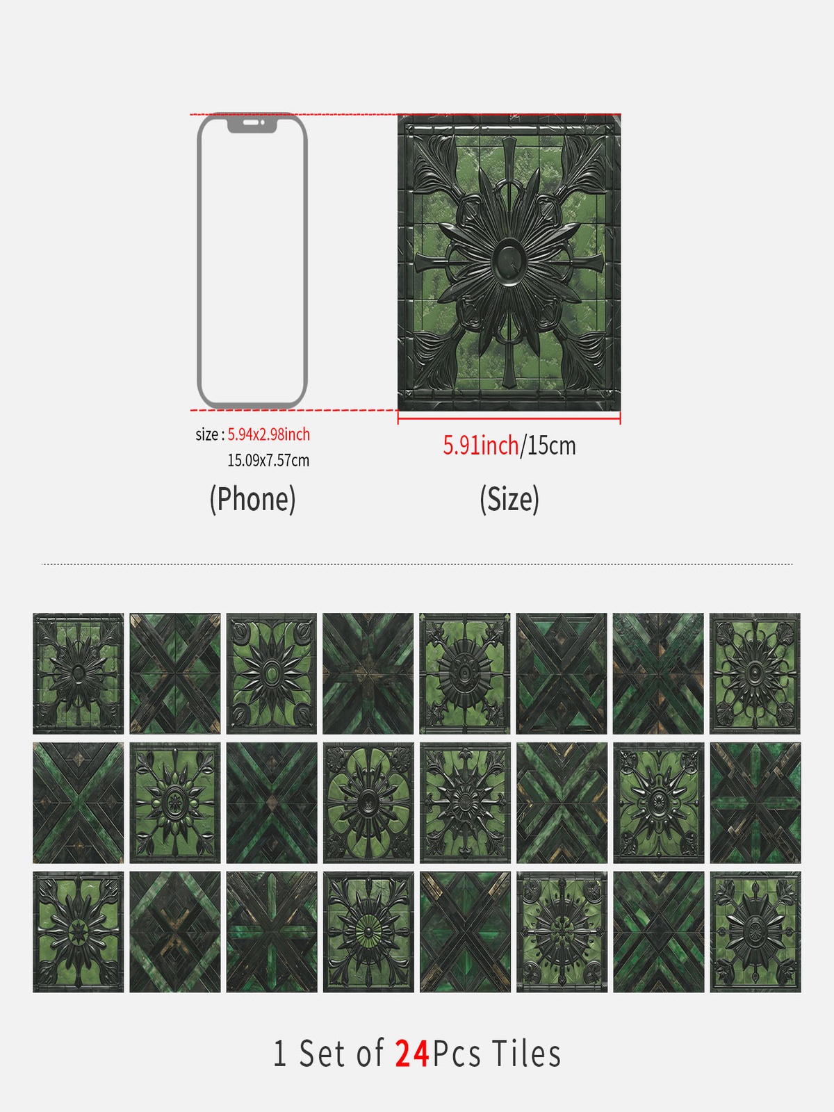 15cm Dark Green Embossed Floral Tile Stickers, Matte Waterproof Removable Self Adhesive Wall Decals for Bathroom Cabinet Kitchen Backsplash - view 6