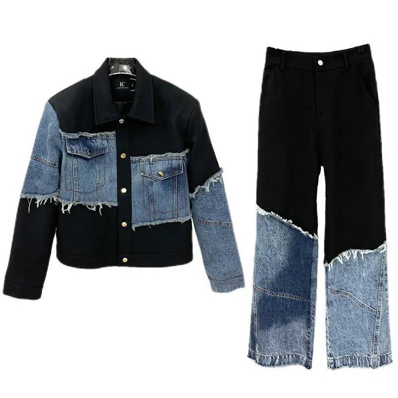 2026 Spring New Highstreet Stylish Men's Outerwear Denim Patchwork Short Jacket Loose Straight Long Pants Two-Piece Sets - view 7