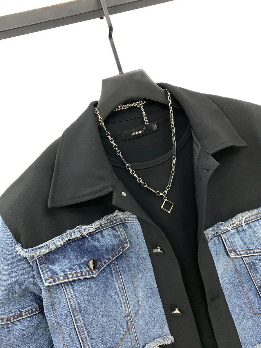 2026 Spring New Highstreet Stylish Men's Outerwear Denim Patchwork Short Jacket Loose Straight Long Pants Two-Piece Sets - view 4