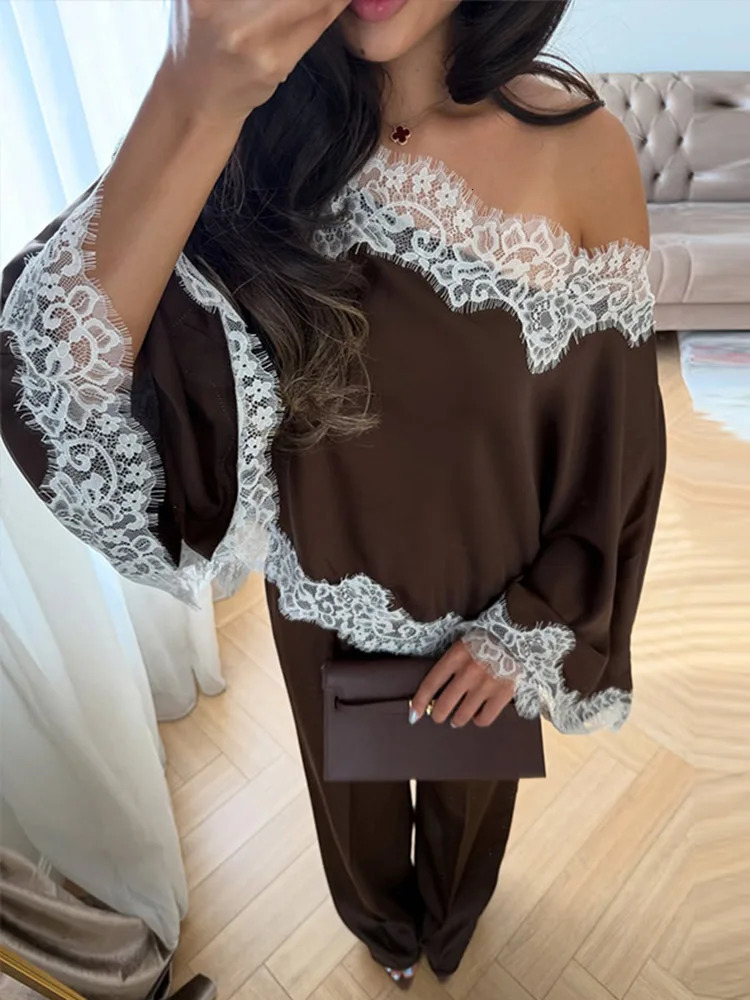 Elegant Satin Lace Womens Skirt Set Asymmetric Off Shoulder Full Sleeve Top Hip Package Mini Skirts 2026 Summer Lady Party Suit 260711 - view 6