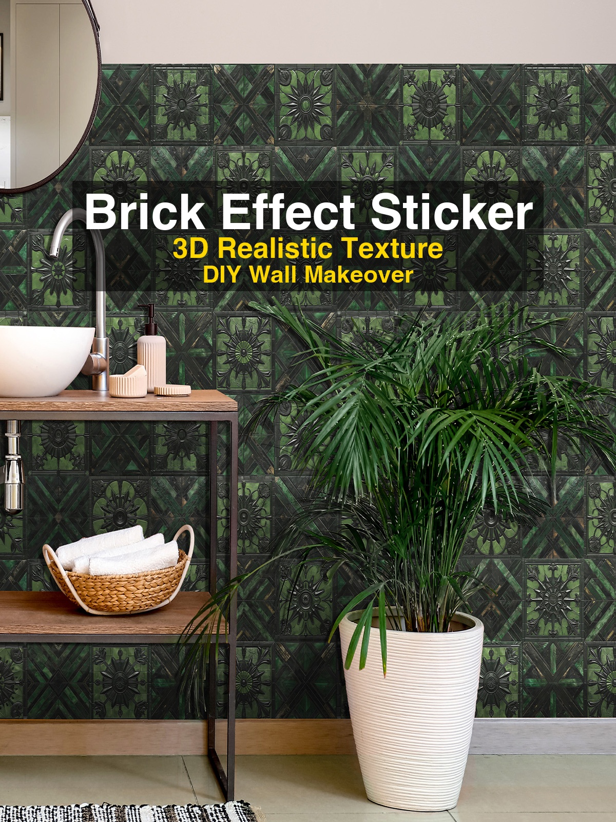 15cm Dark Green Embossed Floral Tile Stickers, Matte Waterproof Removable Self Adhesive Wall Decals for Bathroom Cabinet Kitchen Backsplash - view 3