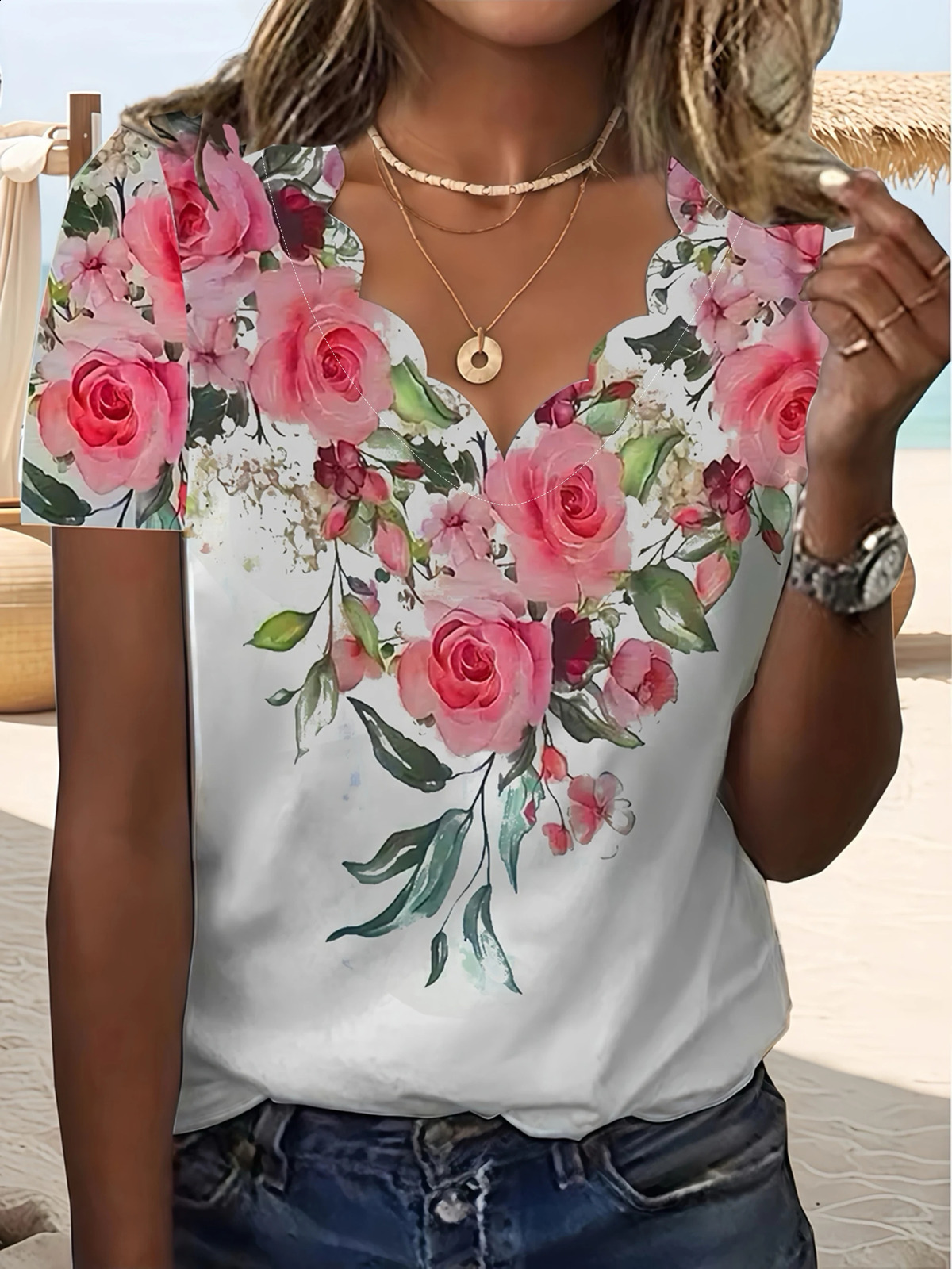 Fashion Plus Size Blouse Floral Wave VNeck TShirt for Women Summer Elegant Casual Tops 260711banjia - view 3