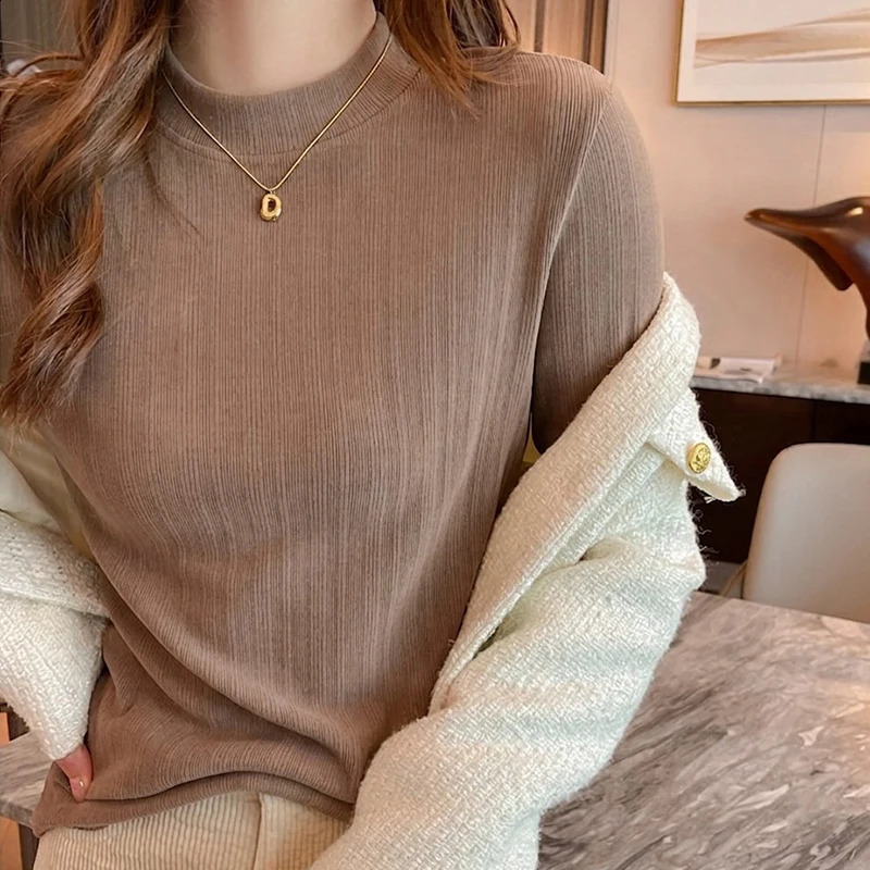 Elegant Mock Neck Ribbed Knit Top Women Autumn Winter Slim Long Sleeve TShirt Woman Korean Style Basic Solid Bottoming Shirt 260711banjia