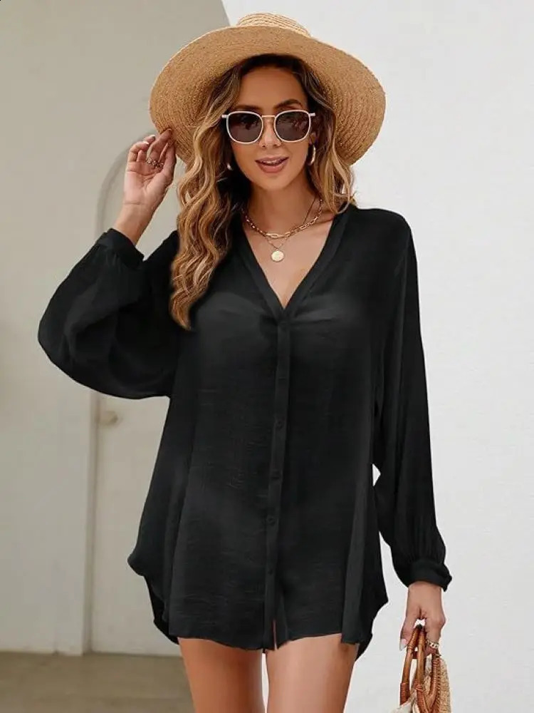 Women Summer Loose Long Sleeve Shirt V Neck Button Beach Cover Up Flowy Sun Protective Tunic Casual Vacation Swim 260711banjia - view 7
