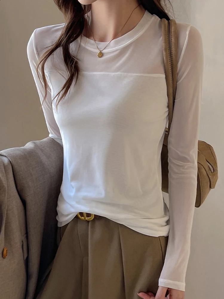 Sexy Sheer Mesh Patchwork TShirt for Women Elegant Slim Fit Long Sleeve Tops Office Ladies Chic Two Piece White Tee 2026 260711banjia