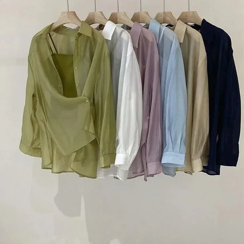 Mesh Shirts for Women Thin Summer Clothing Female Long Sleeve Loose Korean Style Sheer Soft Students College Turndown Collar 260711banjia