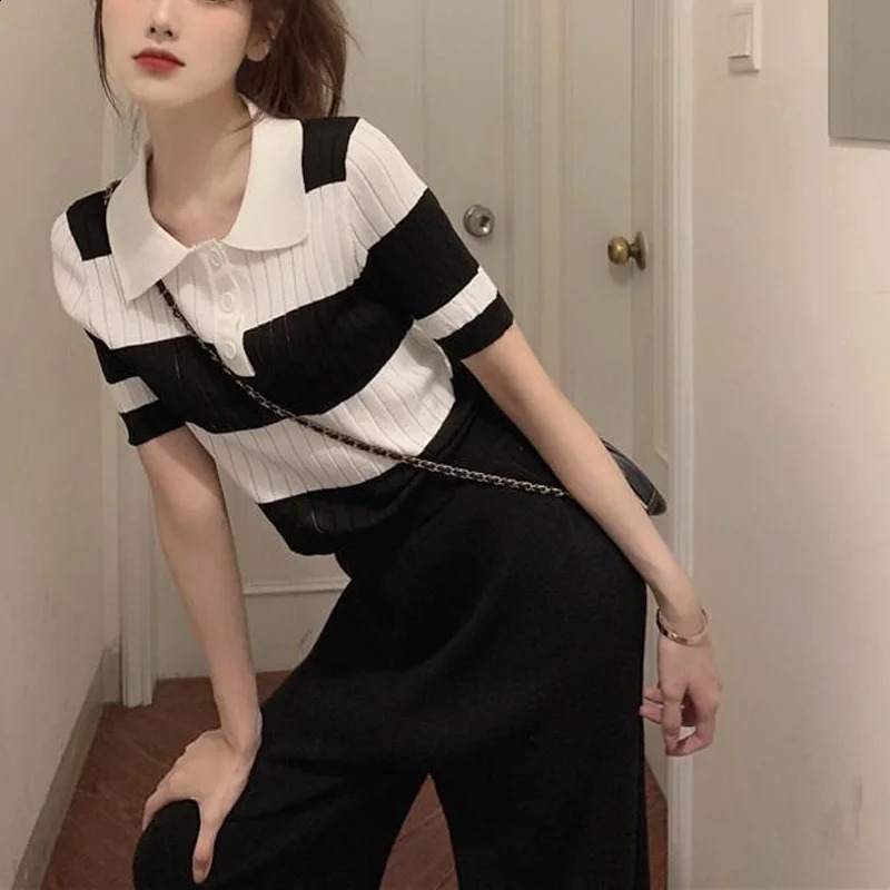 Fashion Color Contrast Striped Button Knitting Tshirt Women Short Interior Lapping Classic Polo Collar High Waist Allmatch Top 260711banjia