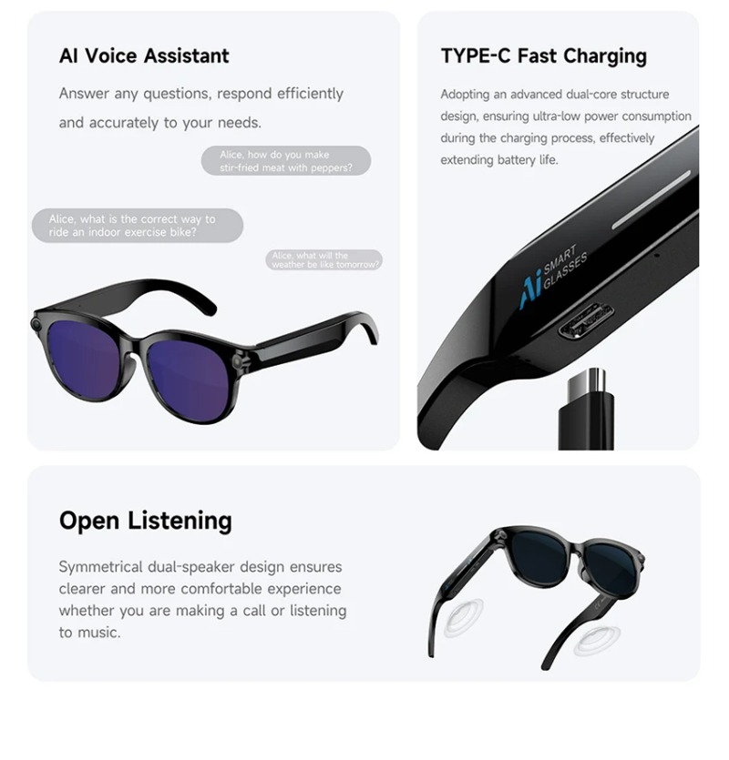 AI Smart Glasses, Smart Audio Wearable Device with Bluetooth Connectivity, 2MP Camera and Built-In Flashlight, Single-Lens Design - 290mAh Battery, Ty - view 8