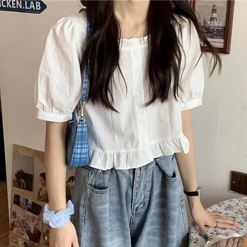 Korean Summer Ruffle Elegant Chiffon Cool Blouse Women Youthful Cute Cropped Tops Chic Short sleeve Feminine Shirt 260711banjia - view 4