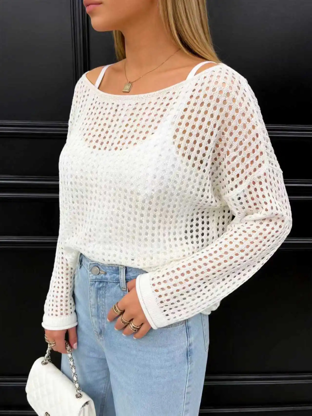 Plus Size Womens Elegant Boat Neck Hollow Out Knit Long Sleeve Pullover Perfect for Summer Outings 260711banjia - view 4