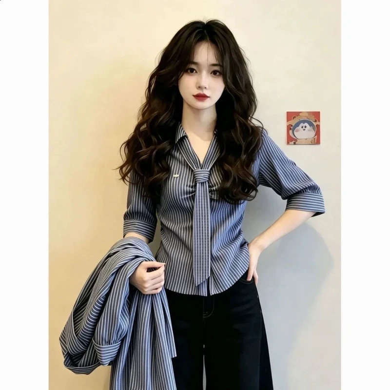 Polo Neck Lacing Short Sleeve Slim Striped Elegant Blouse Summer Allmatch Button Vintage Shirt Tops Korean Trend Women Clothing 260711banjia - view 3