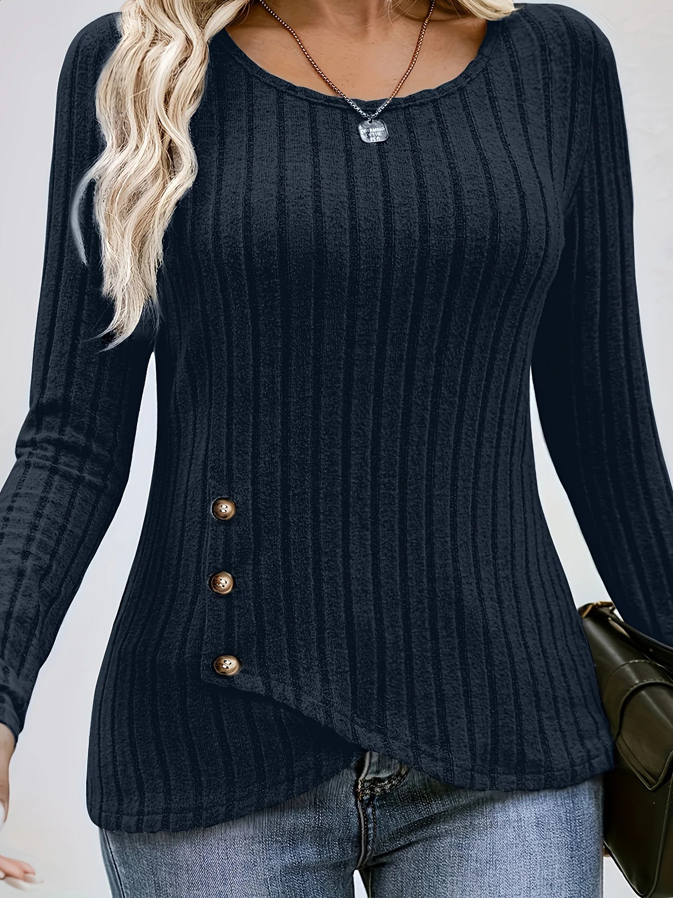 Plus Size Womens Long Sleeve Ribbed Knit Button Detail Top Elegant Casual Comfort Perfect for Any Occasion 260711banjia - view 7