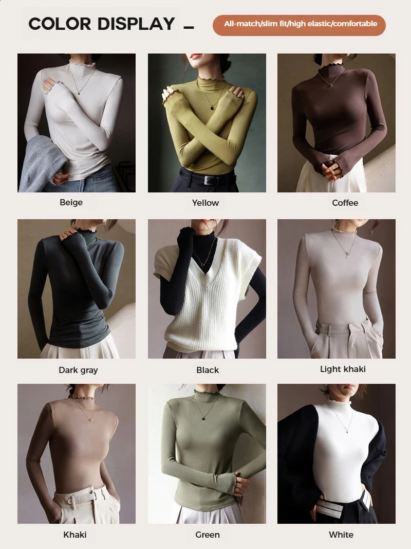 Lettuce Edge Mock Neck Women TShirt Autumn Winter Slim Long Sleeve Bottoming Shirt Chic Ruffle Elastic Basic Layer Tee Top 2026 260711banjia