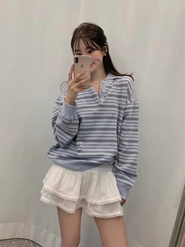 Sweet Style Striped Loose Long Sleeve Neck Knitted Sweater for Women Blue Milk Color Arrival Spring Season Casual Wear 260711banjia - view 3
